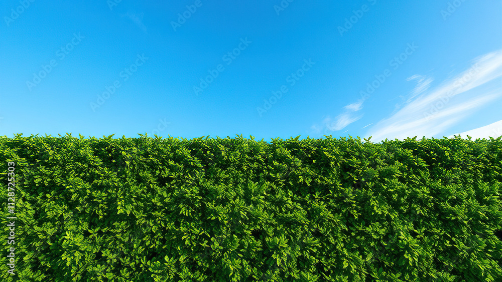 Green hedge leaves wall background with clear sky, verdant scene, garden wall Green hedge leaves wall background with clear sky, verdant scene, garden wall