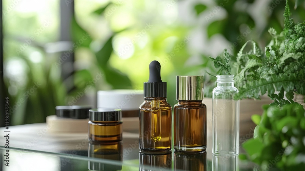 Glass Bottles of Essential Oils on a Wooden Surface with Greenery in the Background Glass Bottles of Essential Oils on a Wooden Surface with Greenery in the Background