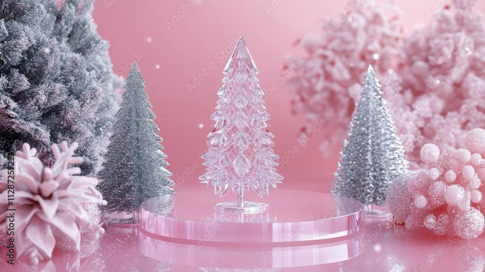 Abstract surreal Winter scene with Christmas decorations made of crystal glass Xmas snowflakes empty circle podiums and Christmas trees on holographic pink background with copy space front view Abstract surreal Winter scene with Christmas decorations made of crystal glass Xmas snowflakes empty circle podiums and Christmas trees on holographic pink background with copy space front view