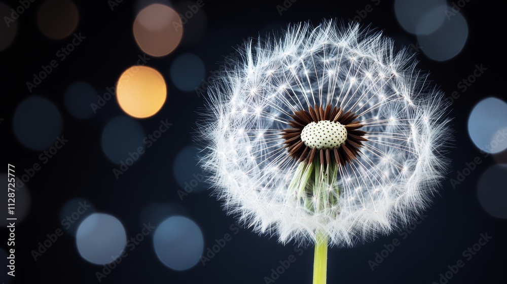 Obraz premium White dandelion half empty with dark background light focus blur