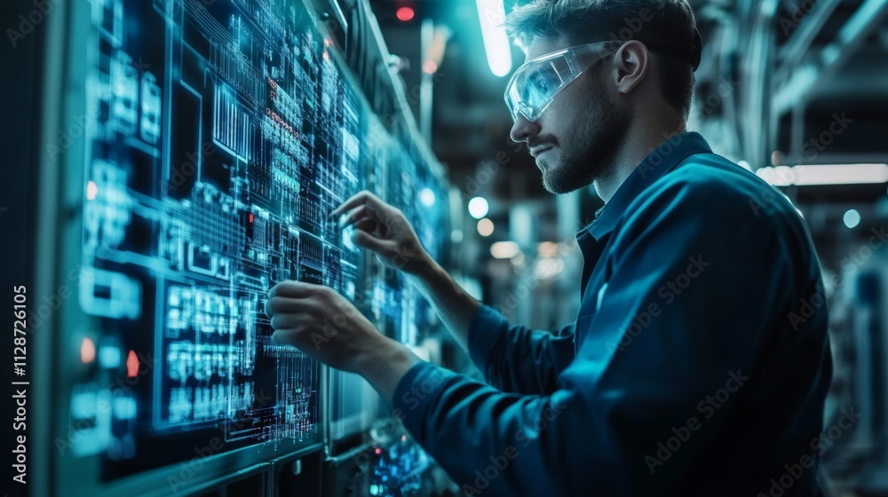Electrical engineer analyzes circuit designs in a high-tech laboratory during evening hours Electrical engineer analyzes circuit designs in a high-tech laboratory during evening hours