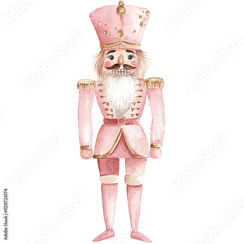 Watercolor illustration of a vintage pink nutcracker soldier for Christmas decor