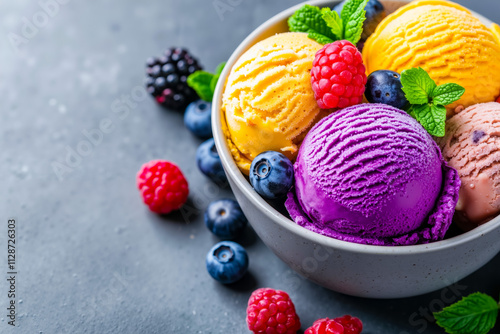 A bowl filled with different colored ice cream and berries