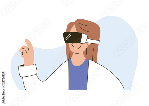 Flat vector isolated illustration of a female doctor wearing VR glasses, interacting confidently in a virtual environment. Medical technology, innovation, and healthcare, woman doctor