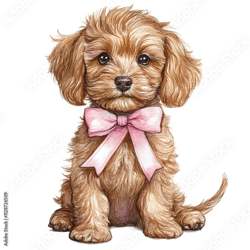 Watercolor illustration of a cute brown Cavapoo puppy with a pink bow, perfect for festive projects. Use for greeting cards, posters, stickers, and home decor prints
