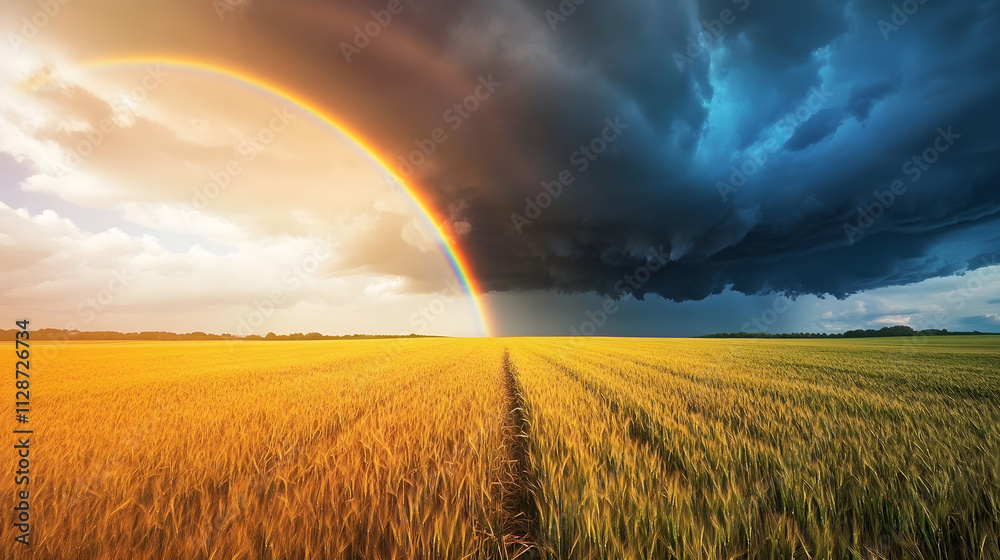 A farm field with sunshine on the left a rainbow in the middle and dark thunderclouds on the right. A farm field with sunshine on the left a rainbow in the middle and dark thunderclouds on the right.