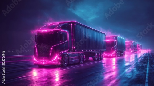 Neon-Lit Semi-Trucks Driving on a Wet Road at Night
