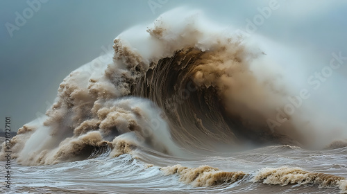 A ferocious storm over open waters with massive waves colliding and rain pelting the surface.