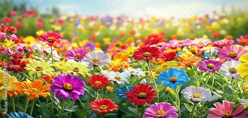 Colorful field of blooming flowers under a bright sky in springtime. A vibrant display of various flowers fills a sunny field during spring. The landscape boasts an array of colors flowers.
