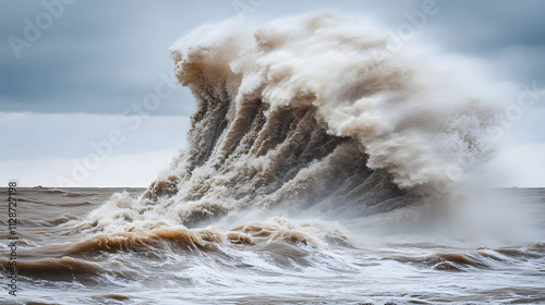 A ferocious storm over open waters with massive waves colliding and rain pelting the surface.