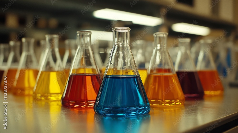 A Row of Colored Liquids in Glass Flasks A Row of Colored Liquids in Glass Flasks