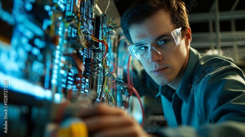 Electrical engineer analyzes circuit board components in high-tech laboratory setting