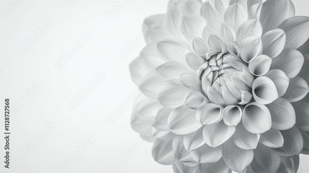 Details of blooming white dahlia fresh flower macro photography Black and white photo emphasizing texture contrast and intricate floral patterns in a white background wide banner panorama format Details of blooming white dahlia fresh flower macro photography Black and white photo emphasizing texture contrast and intricate floral patterns in a white background wide banner panorama format