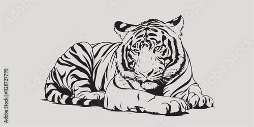 Black and white coloring painting of a lying tiger