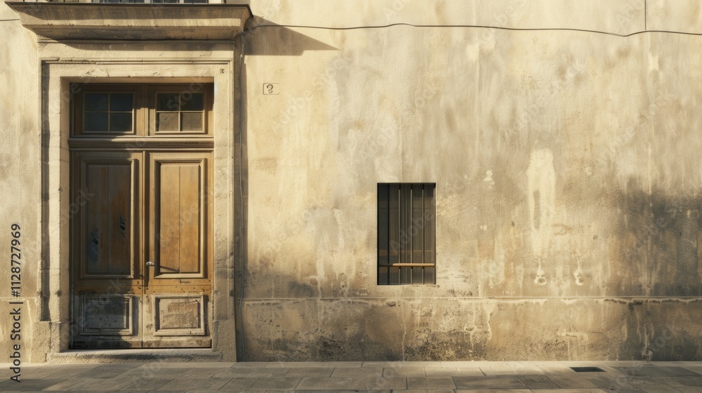 Fototapeta premium Parisian minimalist building, facing a wall with windows and doors, warm afternoon sunlight, peaceful urban environment, no people.