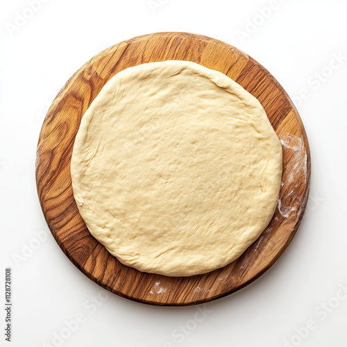 an unblemished, round pizza dough on top of a wooden board