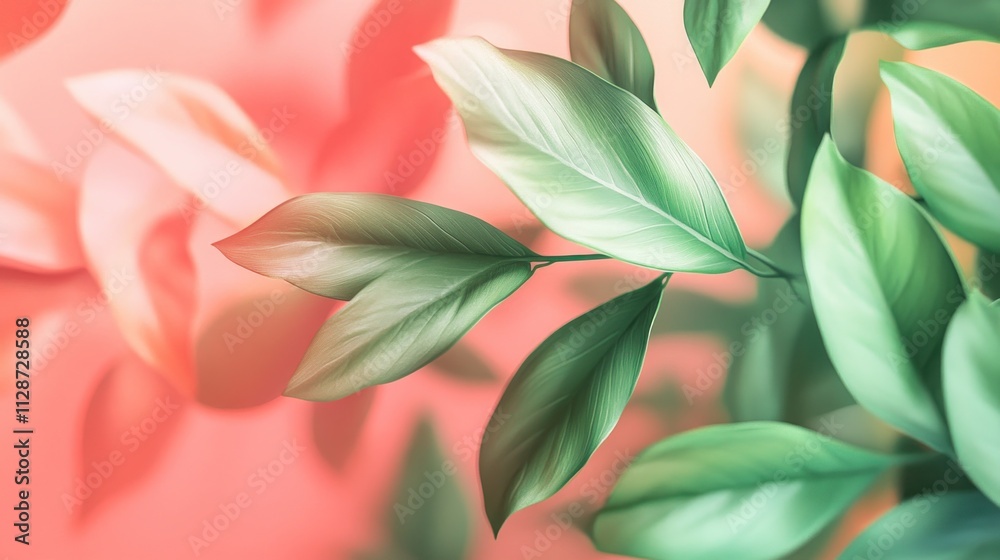 Green Leaves Against Coral Background Soft Light Green Leaves Against Coral Background Soft Light