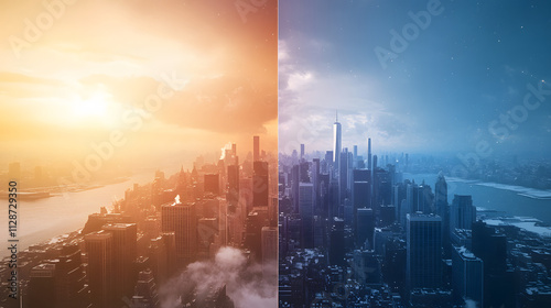 A futuristic city divided into weather quadrants: bright sun fog storm and heavy snow.