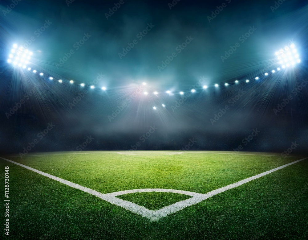 Obraz premium textured soccer game field with neon fog - center, midfield. Empty soccer stadium with spotlight and fan tribune football team. Concept of live sport events, 