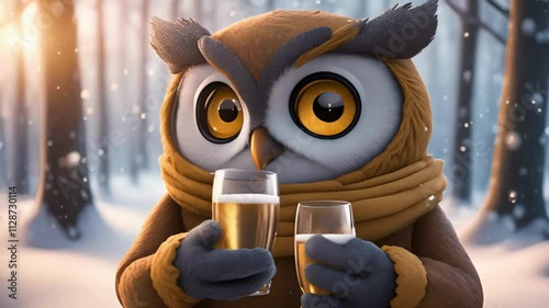 cartoon character: cute owl in warm scarf holding two glasses with beer photo