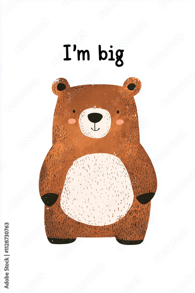Minimalistic design on a pristine white background. Centered is a charming bear with the text Minimalistic design on a pristine white background. Centered is a charming bear with the text