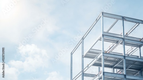 Steel framework of a construction site against a clear sky.