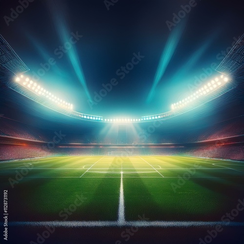 textured soccer game field with neon fog - center  midfield. Empty soccer stadium with spotlight and fan tribune football team. Concept of live sport events  