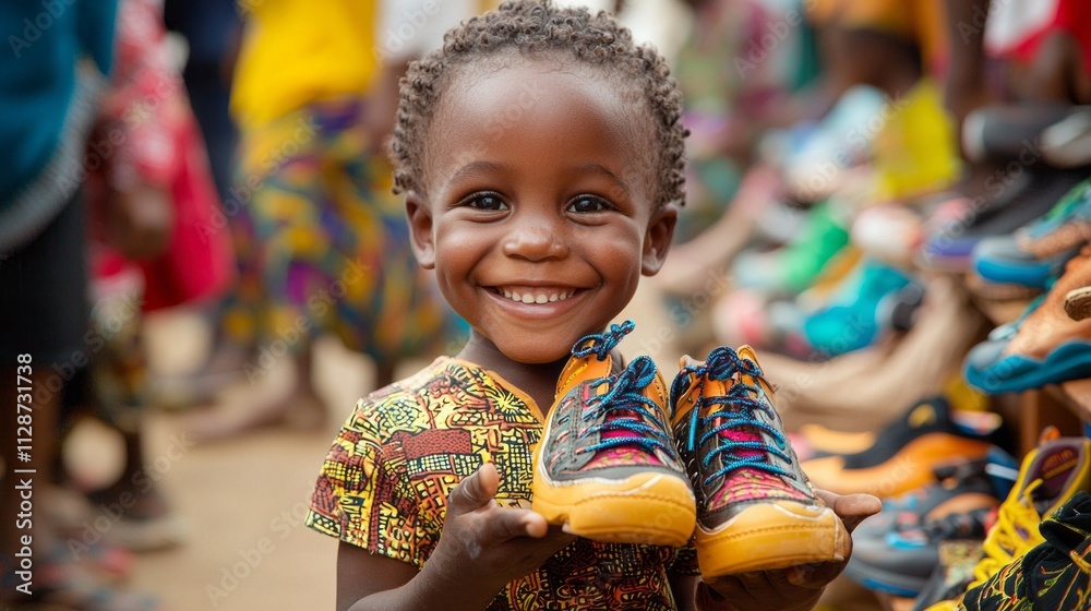 In a lively marketplace, a young child beams with happiness while proudly holding a pair of bright, new shoes. Surrounding colors and joyful faces enhance the atmosphere of excitement and discovery In a lively marketplace, a young child beams with happiness while proudly holding a pair of bright, new shoes. Surrounding colors and joyful faces enhance the atmosphere of excitement and discovery