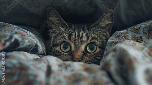 The frightened cat hid under the blanket, pressing his ears and cautiously peeking out of the shelter with his big eyes photo