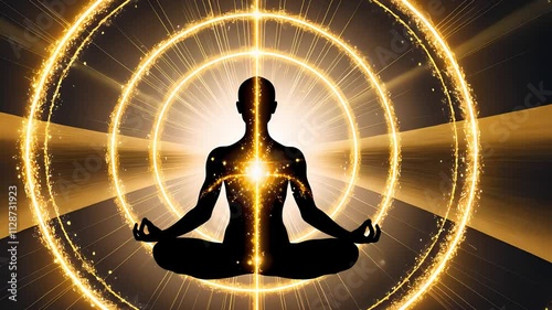 Meditative Silhouette in a Lotus Pose Surrounded by Glowing Golden Energy Circles on a Radiant Dark Background

 photo