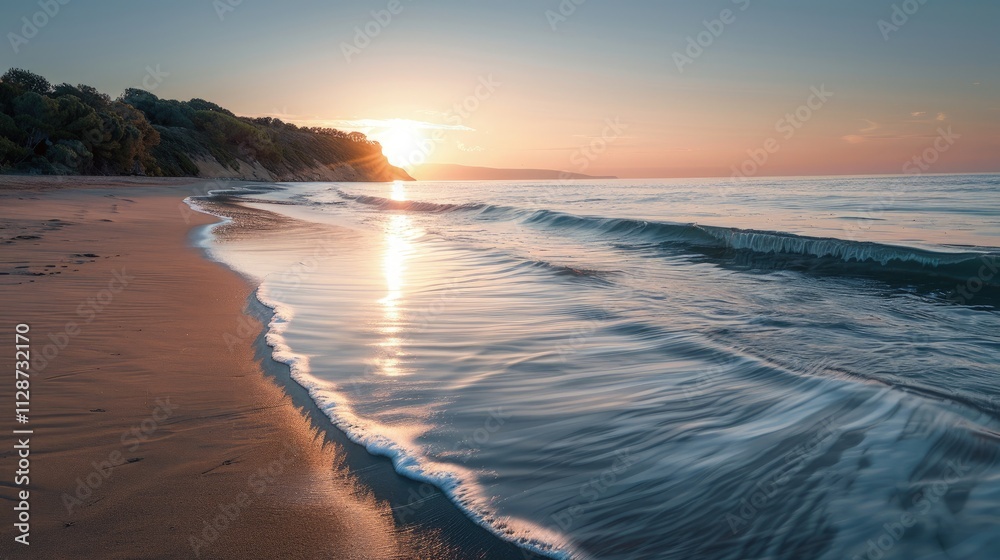 Fototapeta premium High-end photography of a tranquil beach at sunrise with waves gently lapping the shore