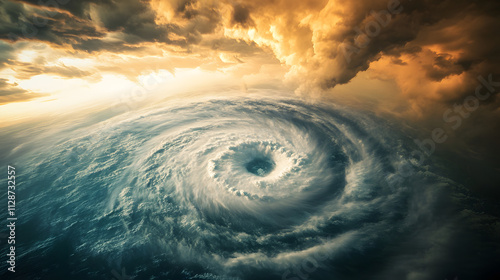 A hurricane approaching the coast with spiraling storm clouds over a tumultuous ocean. photo