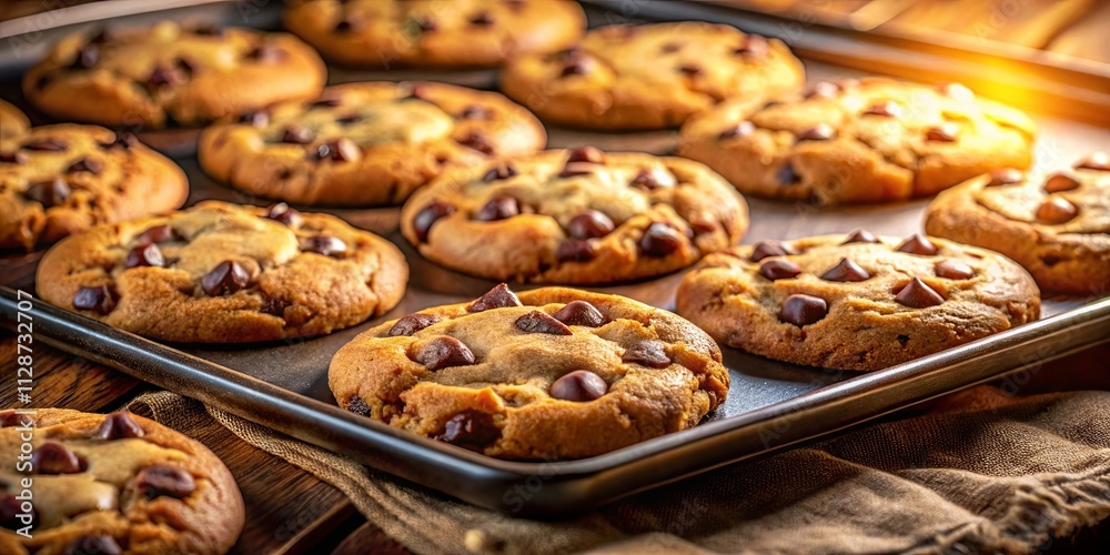 A tray of freshly baked chocolate chip cookies, golden brown and glistening with melted chocolate, nestled on a rustic wooden surface, bathed in warm sunlight.