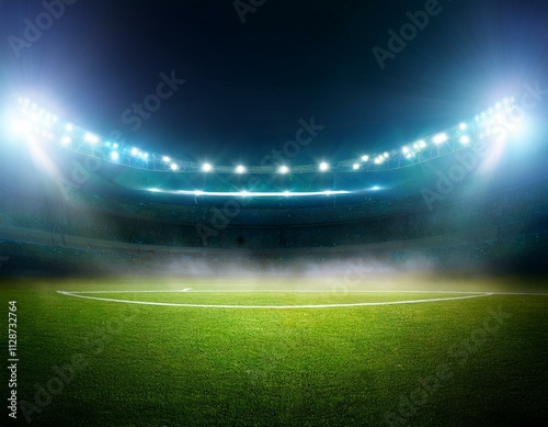 textured soccer game field with neon fog - center, midfield. Empty soccer stadium with spotlight and fan tribune football team. Concept of live sport events, 