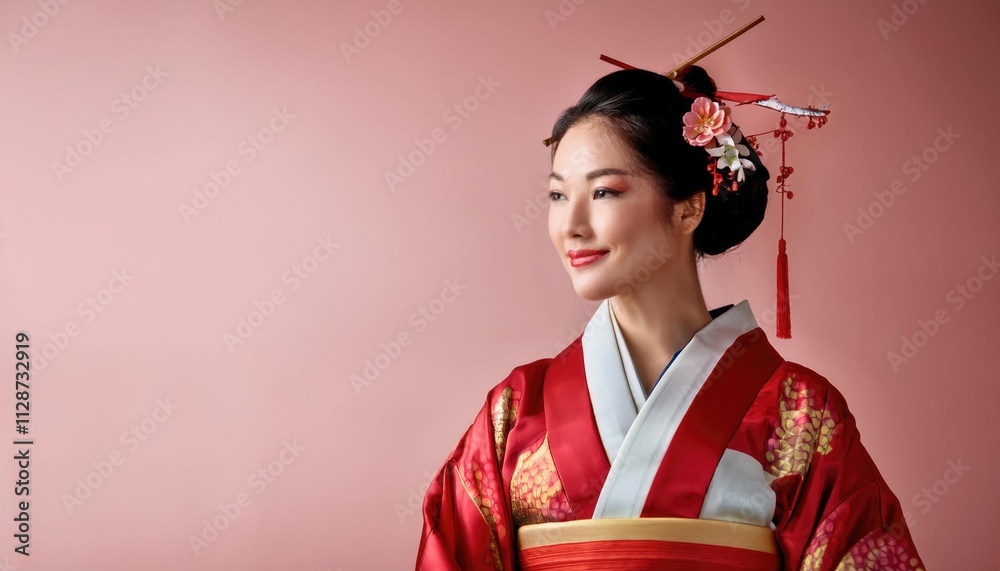 A radiant Japanese geisha, adorned in an ornate kimono with delicate floral details, beams with joy as she embraces the beauty of cultural heritage A radiant Japanese geisha, adorned in an ornate kimono with delicate floral details, beams with joy as she embraces the beauty of cultural heritage