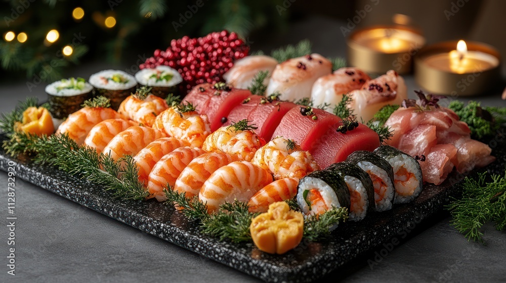 Festive sushi platter with various seafood, rice, and garnishes.
