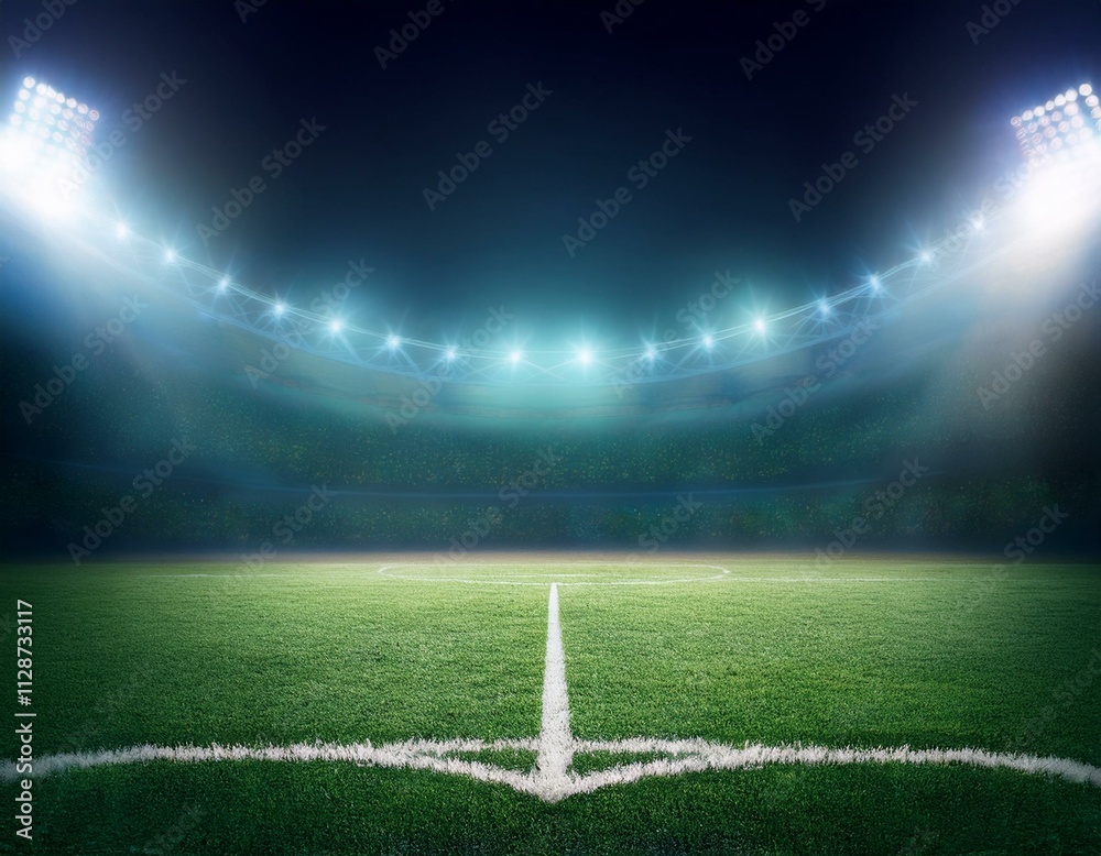textured soccer game field with neon fog - center, midfield. Empty soccer stadium with spotlight and fan tribune football team. Concept of live sport events, textured soccer game field with neon fog - center, midfield. Empty soccer stadium with spotlight and fan tribune football team. Concept of live sport events,