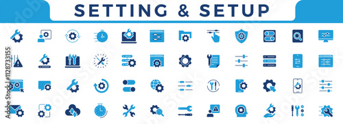 Setup and setting icon set. Outline icon collection.Operation, gear, processing, tools icons. Solid vector icons collection.