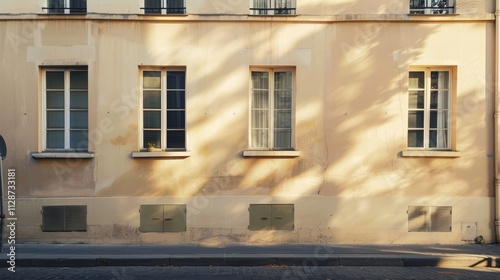 Parisian street view, modern minimalist architecture, full wall with windows and doors, warm sunlight, tranquil urban environment, no people visible.