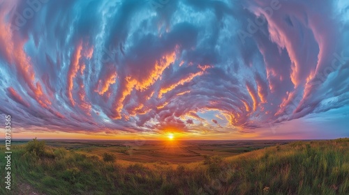 Panoranic Sunrise Sundown Sky with colorful clouds and real sun panorama photo