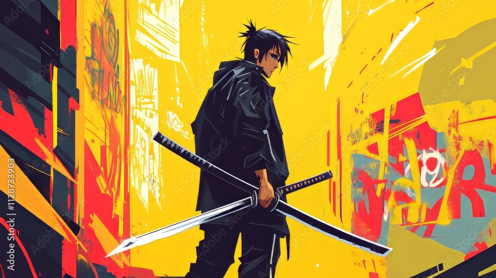Obraz premium a man with a black jacket and a sword. modern anime character. yellow background