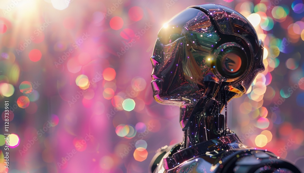 Reflective Robot Head Against A Colorful Background