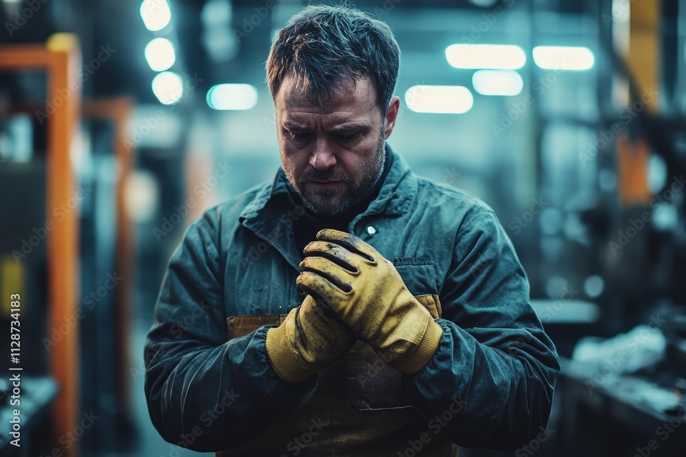 An introspective worker pauses to reflect in a dimly lit industrial setting. The weight of his thoughts is visible. What is on his mind. Generative AI An introspective worker pauses to reflect in a dimly lit industrial setting. The weight of his thoughts is visible. What is on his mind. Generative AI