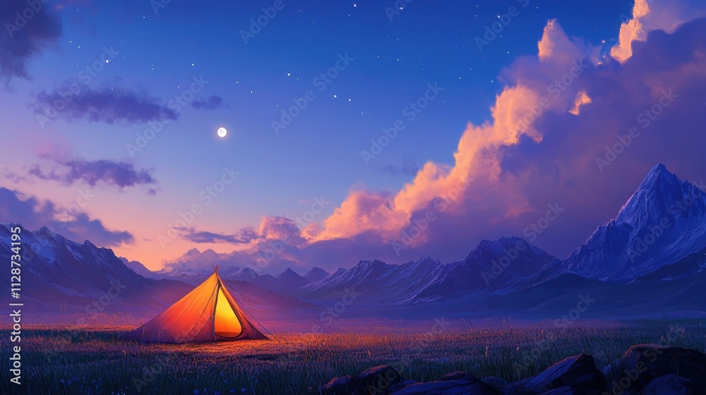 A breathtaking scene of a tent glowing warmly at the base of majestic mountains under a vibrant twilight sky. A breathtaking scene of a tent glowing warmly at the base of majestic mountains under a vibrant twilight sky.