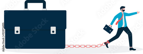 Hard working office workers. Work like a slave. Employees are attached to chains. illustration

