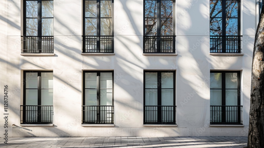 Obraz premium Parisian street view, modern minimalist building, full wall with windows and doors, sunny afternoon light, serene atmosphere, no people visible.