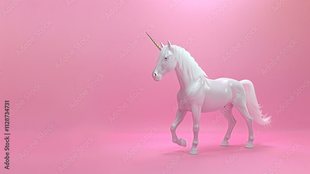 A white unicorn stands against a pink background. A white unicorn stands against a pink background.