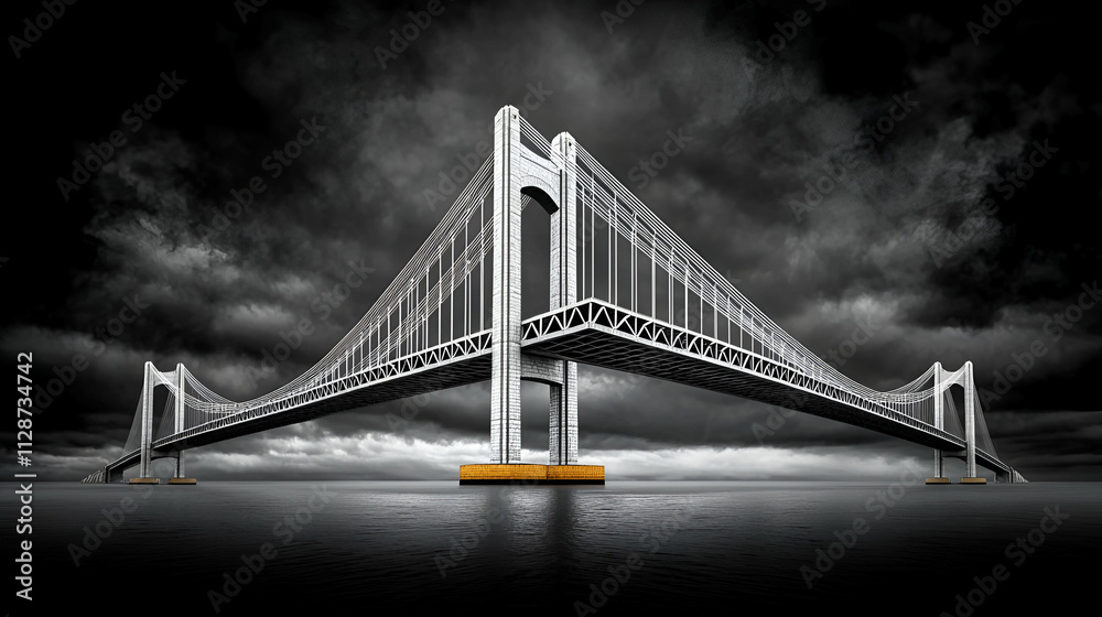 Obraz premium A striking modern bridge spans a calm body of water, framed by dark, dramatic clouds overhead, creating a powerful visual contrast.