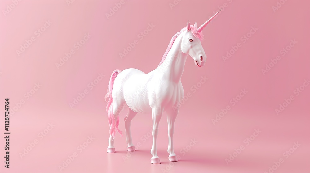 A white unicorn with a gold horn and pink mane and tail stands on a pink background. A white unicorn with a gold horn and pink mane and tail stands on a pink background.
