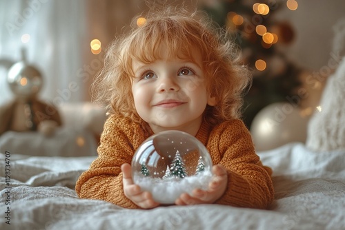 Adorable Child Holding Snow Globe Smiling at Home with Christmas Lights and Cozy Atmosphere Childhood Wonder Concept